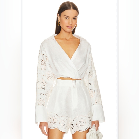 A.L.C. Tops - ALC Mason Cream and White Linen Eyelet Sleeve Blouse Pirate